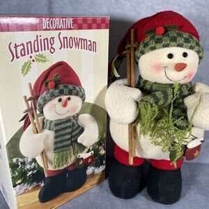 Standing Snowman w Red Hat, Mitts, Poles, Etc Decorative Christmas Plush w Box